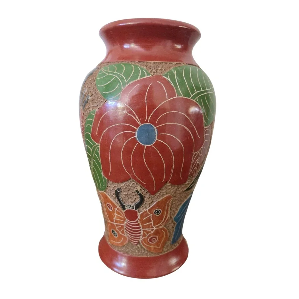 Nicaragua Clay Pottery Vase Handmade Carved Butterflies Tropical Textured Raised